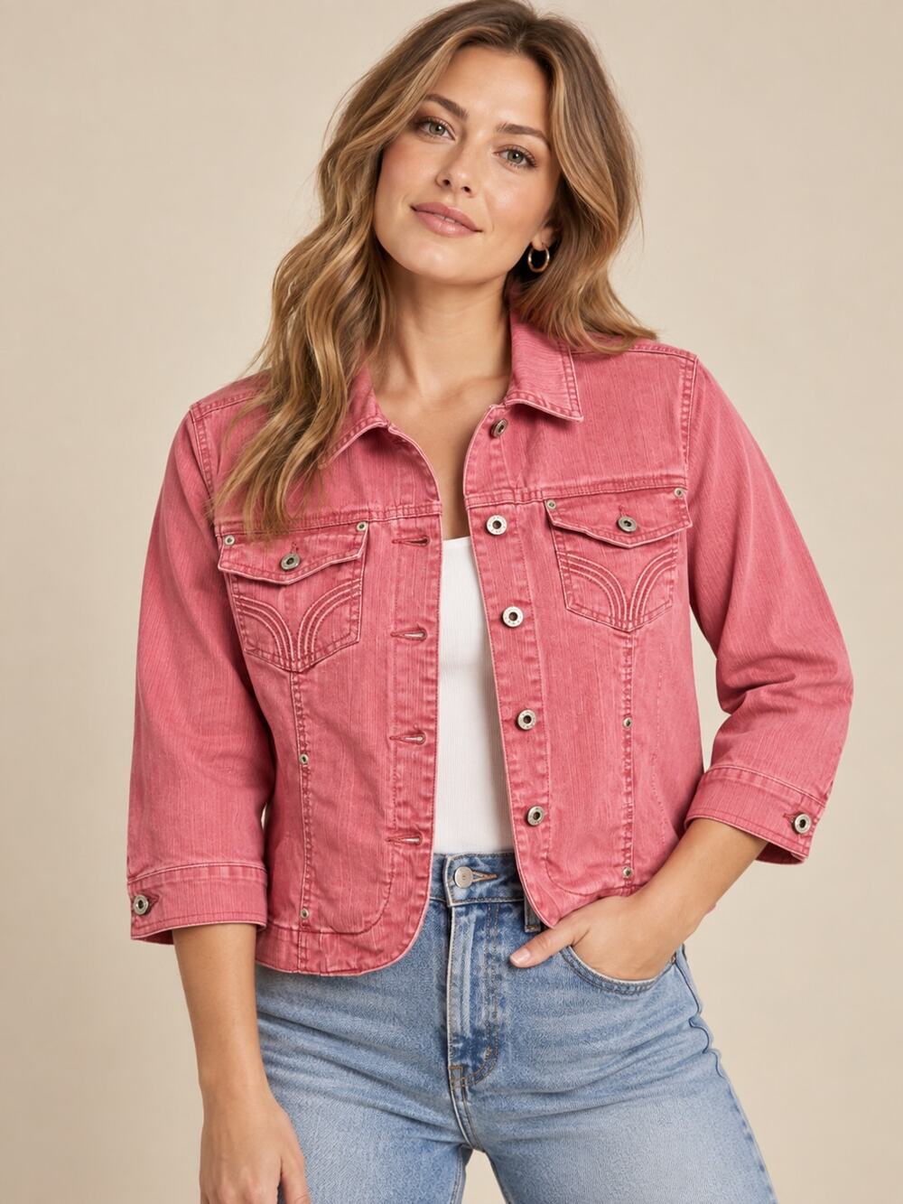 Pink Denim Jacket Cropped Sleeve S/M Bandolino Boho Western Maximalist